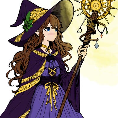 a realistic fantasy manga witch with a staff