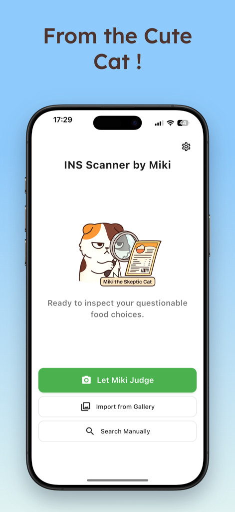 INS Scanner by Miki - Pantalla de inicio de la aplicación INS Scanner de Miki con la mascota gato gruñón Miki y un botón de escaneo etiquetado 'Deja que Miki juzgue'