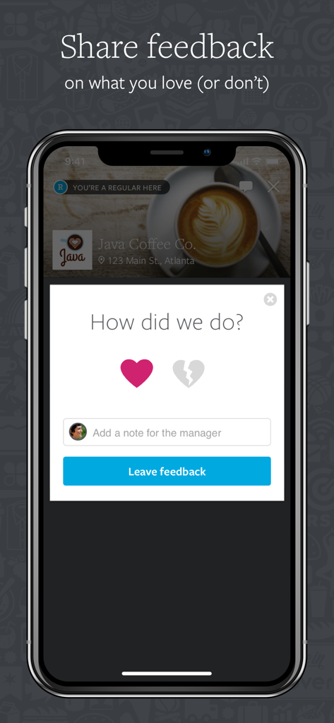 Clover - A mobile screen from the Clover app showing a customer feedback form for a local coffee shop