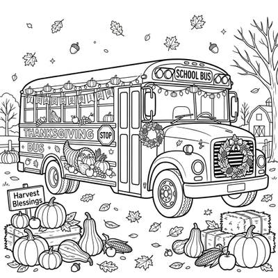 Get ready for a heartwarming ride with our unique Thanksgiving School Bus coloring page! This delightful scene brings together the joy of the harvest season with an iconic school vehicle, perfect for a cozy autumn activity.