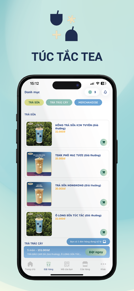 A tela do menu do aplicativo móvel Tuc Tac Tea mostrando seleções de chá com leite e preços