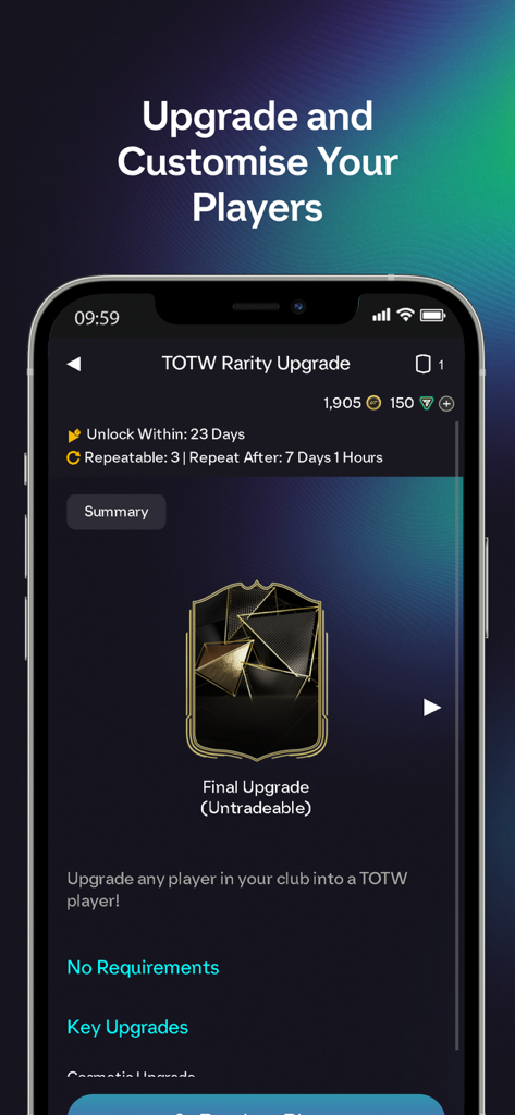 EA SPORTS FC 26 Companion app interface for player rarity upgrades and customizations