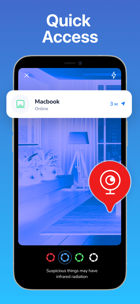 Hidden Spy Camera Finder Pro - Interfaz de la aplicación Localizador de Cámaras Ocultas Pro mostrando un escaneo infrarrojo de una habitación para detectar dispositivos sospechosos.
