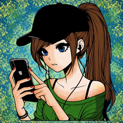 realistic girl with a long ponytail and trucker hat holding an iphone