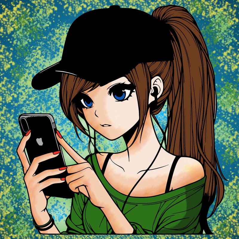 realistic girl with a long ponytail and trucker hat holding an iphone