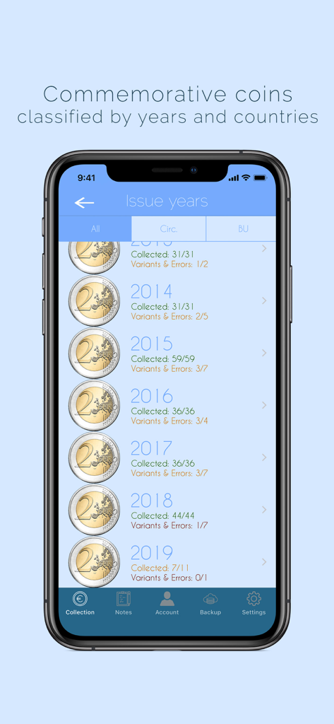 Euro Coins Album - Euro Coins Album app displaying commemorative coins organized by year