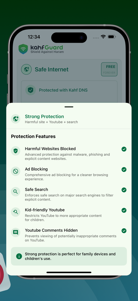 Kahf Guard app interface showing strong protection features including ad blocking and safe search