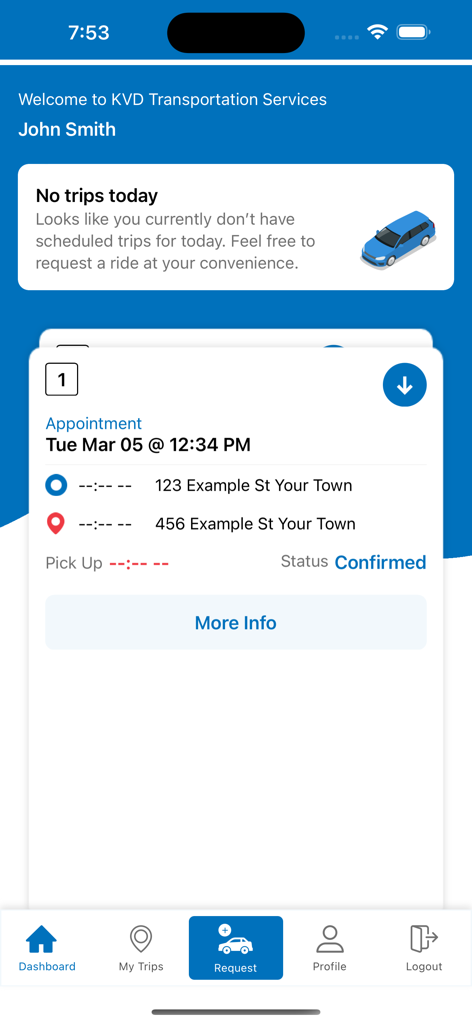 VetRide Passenger - The VetRide Passenger app dashboard interface showing a confirmed medical appointment with pickup and destination addresses for a veteran.