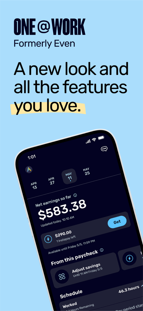 ONE at Work app interface showing net earnings and Instapay early pay options