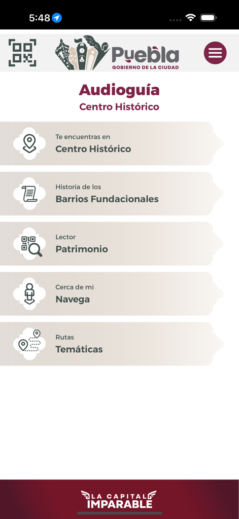 La Ciudad Como Museo - Main menu of the La Ciudad Como Museo app featuring audio guide options for the historic center of Puebla.