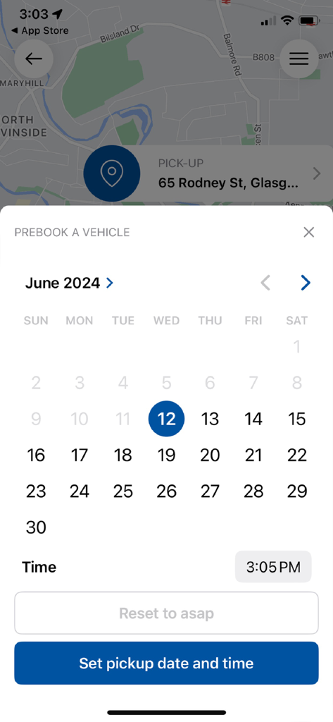 GlasGO Cars app pre-booking screen with calendar and time selector