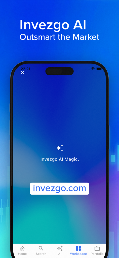 Invezgo - AI Saham - 「市場を出し抜け」というスローガンが表示されたInvezgo AIモバイルアプリインターフェース。