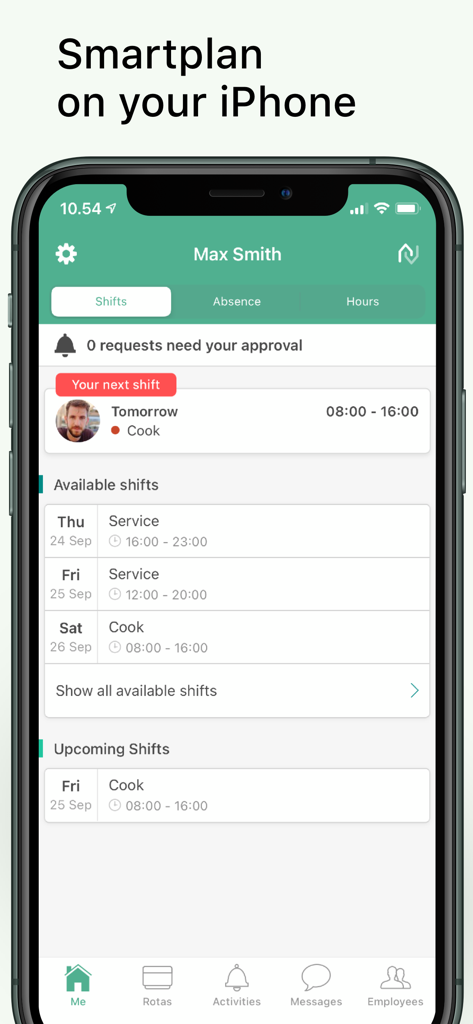 Smartplan app on iPhone displaying employee shift schedule and available shifts