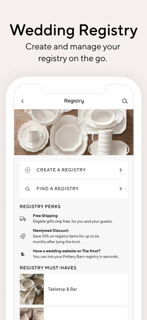 Pottery Barn - Pottery Barn app wedding registry management screen with registry perks and product categories