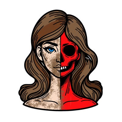 bust of a woman, half face and hair, half skull