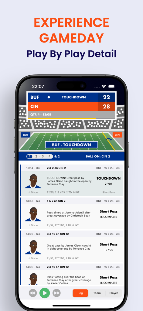 Pocket GM 3: Football Sim - Play by play detail screen showing game progress and stats in Pocket GM 3 Football Sim