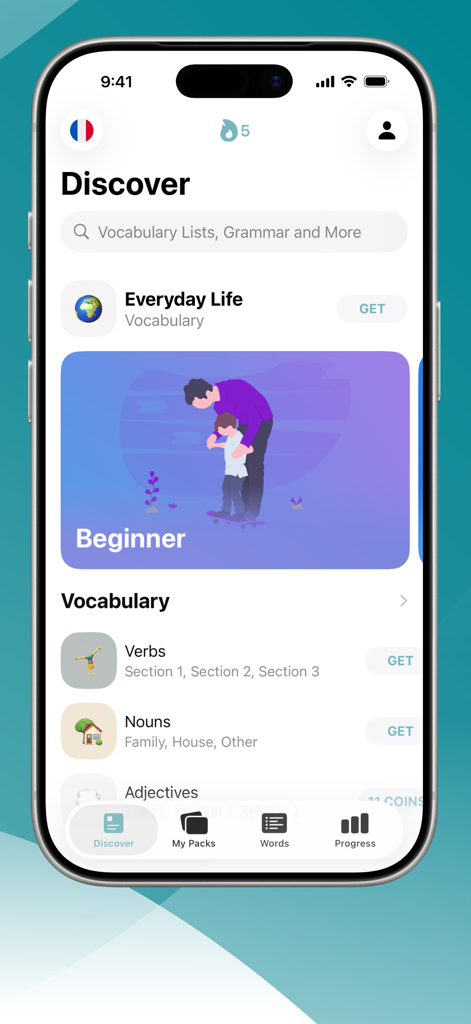 LENGOフランス語アプリの「発見」タブ。動詞や名詞などの初心者向け語彙カテゴリを表示。