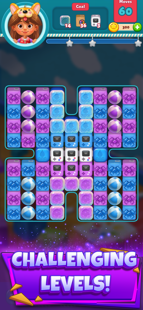 Epic Blast 3D: Toy Match Games - A colorful match-2 puzzle level in Epic Blast 3D featuring toy blocks and a challenging levels banner.