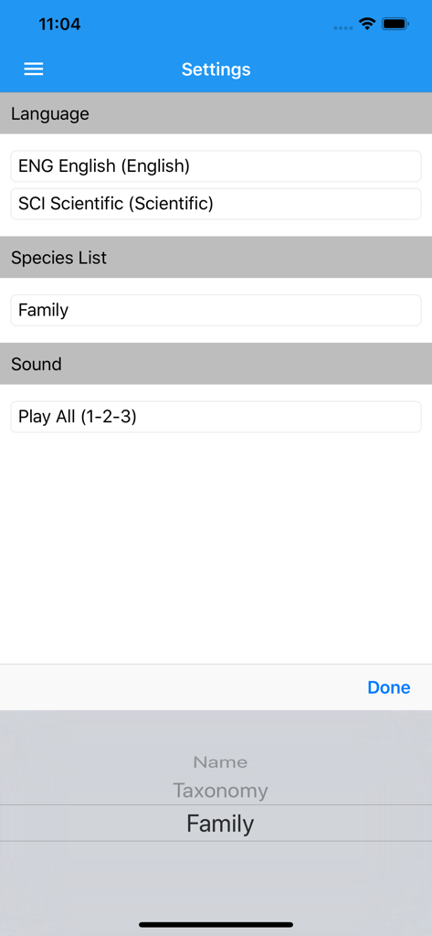 Settings menu in the BirdSounds Europe app showing language and species list options