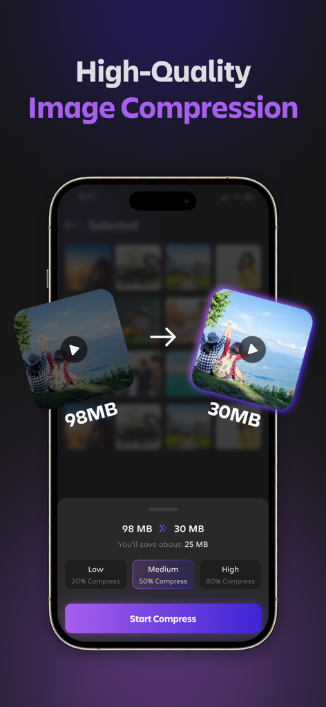 Duplicate Cleaner App-Softices - Mobile app screen showing high quality image compression reducing a 98MB file to 30MB to save storage space