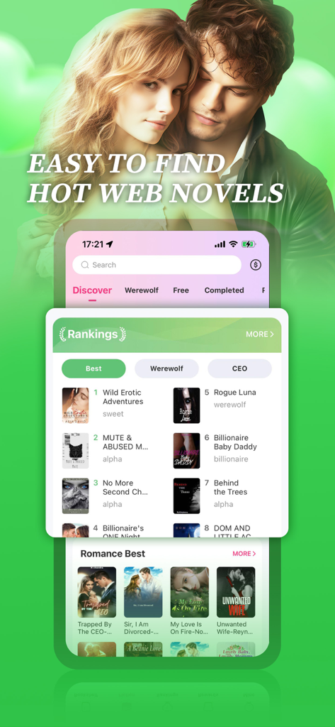 FavorNovel app interface showing top trending web novel rankings in romance werewolf and CEO categories