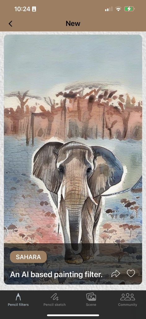 A watercolor painting of an elephant created using an AI filter in the Graphite app.