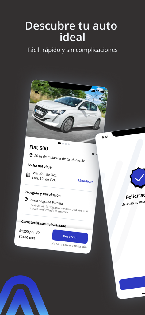 Interfaz de la app móvil mostrando opciones de alquiler de coches con un listado de Fiat 500 y una pantalla de confirmación de reserva.