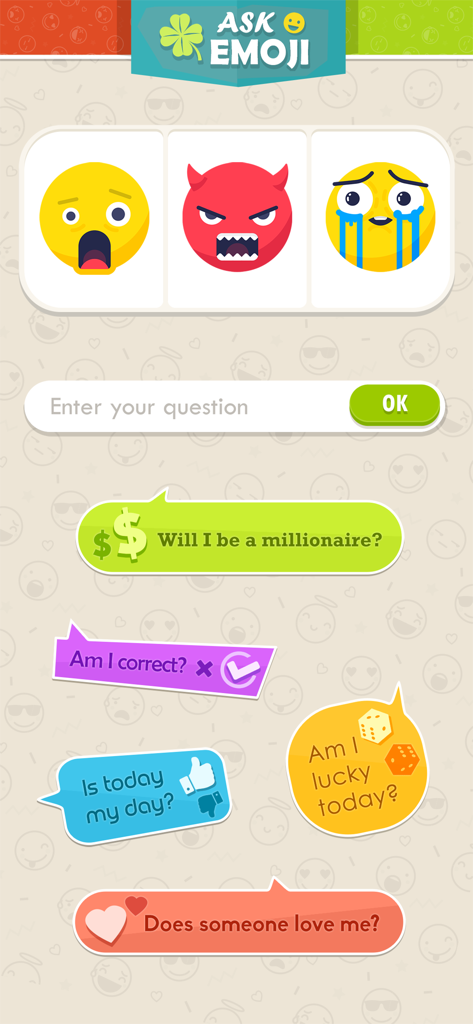 Ask Emoji: Spin the Fortune - Interface of the Ask Emoji fortune telling app with emoji results and daily questions