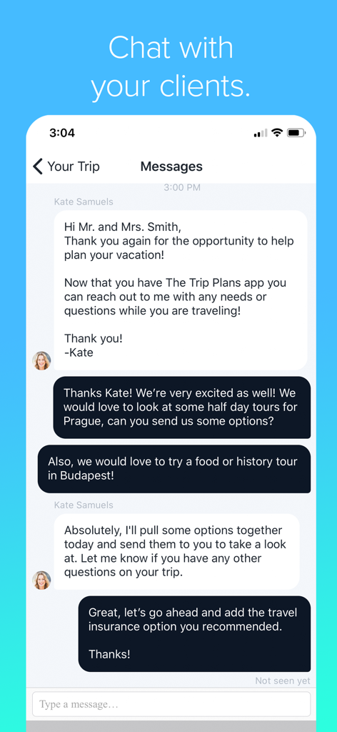 Mobile app interface of Travefy Pro showing a chat conversation between a travel advisor and their clients.