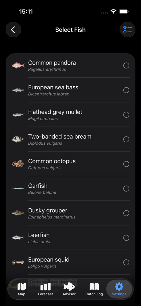 Tisch Fishing - Ein Bildschirm der Tisch Fishing App, der eine Liste von Fischarten der Adria zur Auswahl zeigt.