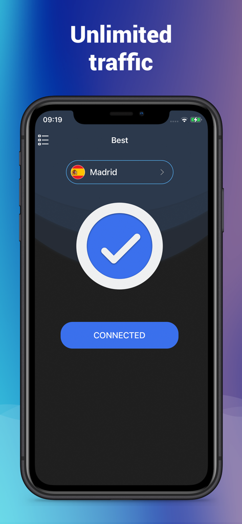 VPN - Super Proxy for iPhone - Interface do aplicativo VPN Super Proxy para iPhone mostrando uma conexão bem-sucedida com tráfego ilimitado.