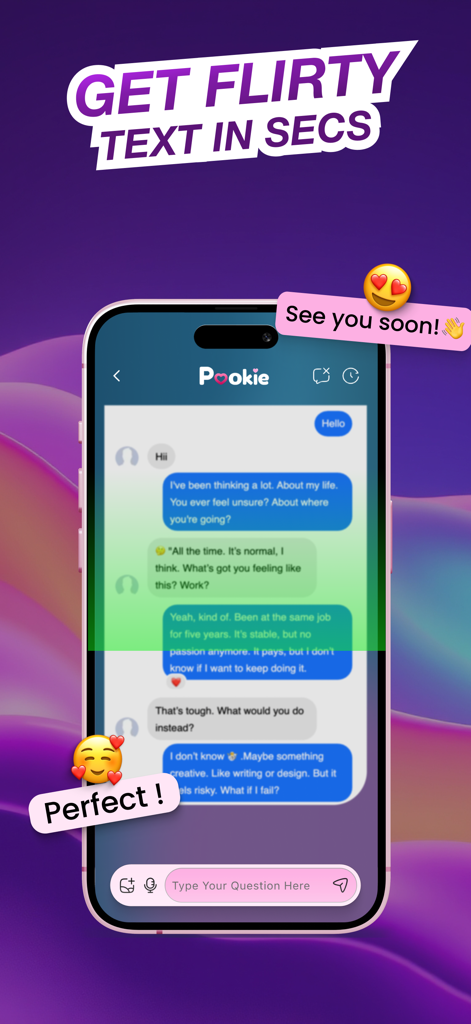 AI Dating Assistant・Rizz App - Um smartphone mostrando a interface do aplicativo Rizz com uma conversa de chat e um prompt de texto para obter respostas sedutoras em segundos.