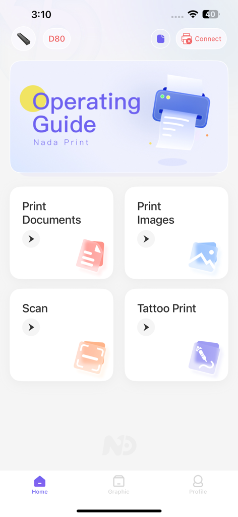 Nada Print - Nada Print mobile app dashboard featuring document and image printing options