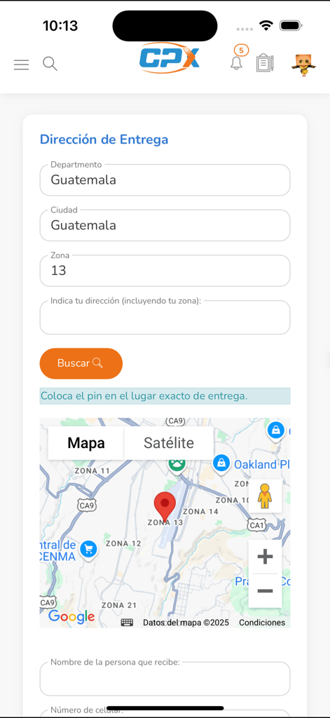 CPX APP - Delivery address entry screen with map integration for CPX app users in Guatemala