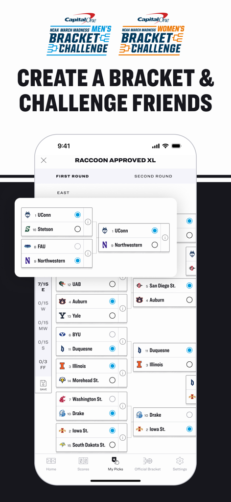 NCAA March Madness Live - Aplicativo NCAA March Madness Live mostrando a interface do desafio do bracket para palpites do torneio