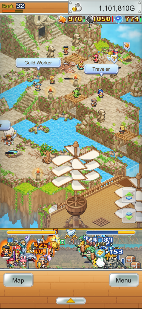 Gameplay screenshot of Skyship Quest Story showing a floating island and a pixel art combat scene