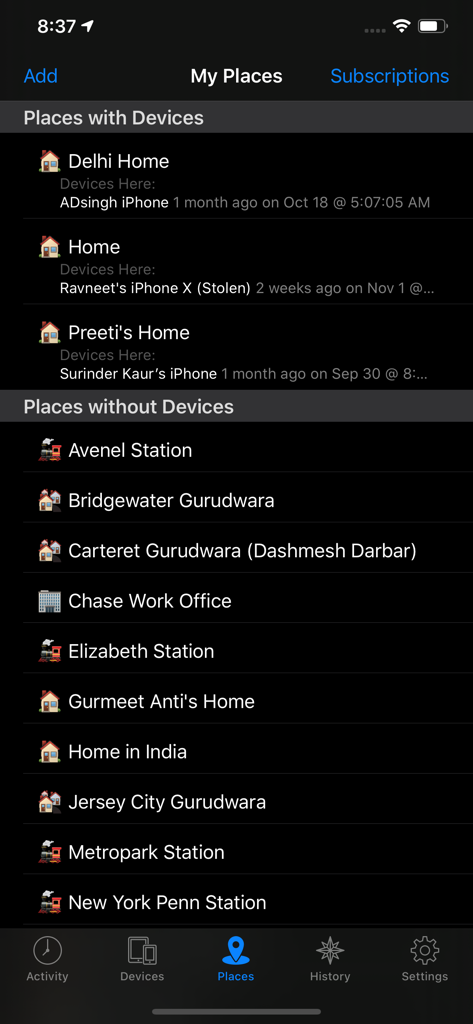 Tela 'Meus Locais' do aplicativo Localizador de Dispositivos mostrando uma lista de locais salvos e status do dispositivo