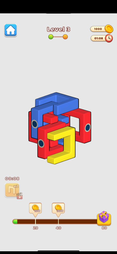 Captura de tela da jogabilidade do Block Blast mostrando blocos em forma de U entrelaçados em vermelho, azul e amarelo em um puzzle de lógica 3D