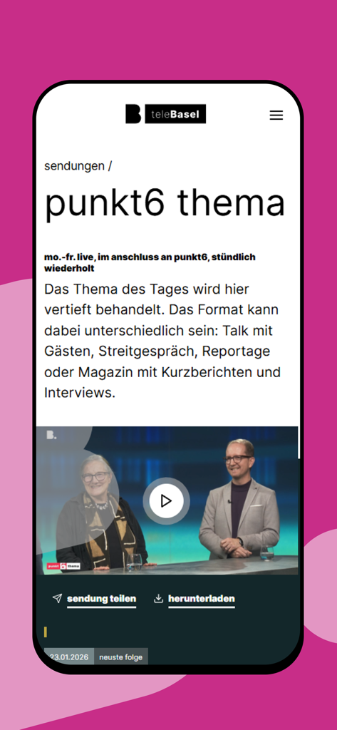 Telebasel app display of a news program with video player and episode description.