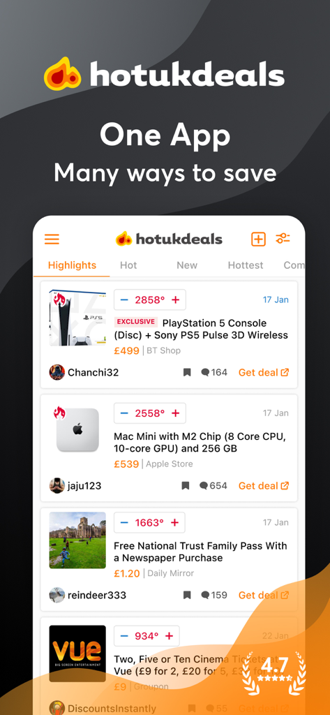hotukdeals - Deals & Discounts - La pantalla de inicio de la aplicación hotukdeals que muestra las mejores ofertas con temperaturas de votación de la comunidad