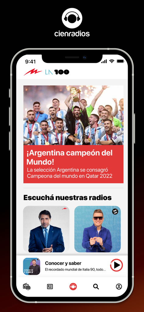 Cienradios - Interfaz de la aplicación móvil Cienradios mostrando noticias argentinas y opciones de emisoras de radio
