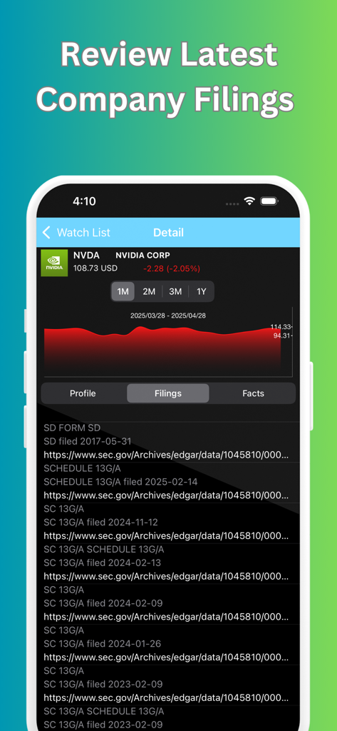 Super Investor - Super InvestorアプリがNVIDIA株の詳細とSEC提出書類リストを表示しているスマートフォンの画面