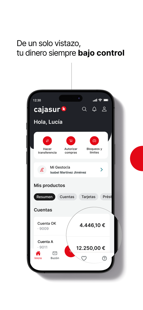 Cajasur mobile banking app home screen showing account balances and financial management features