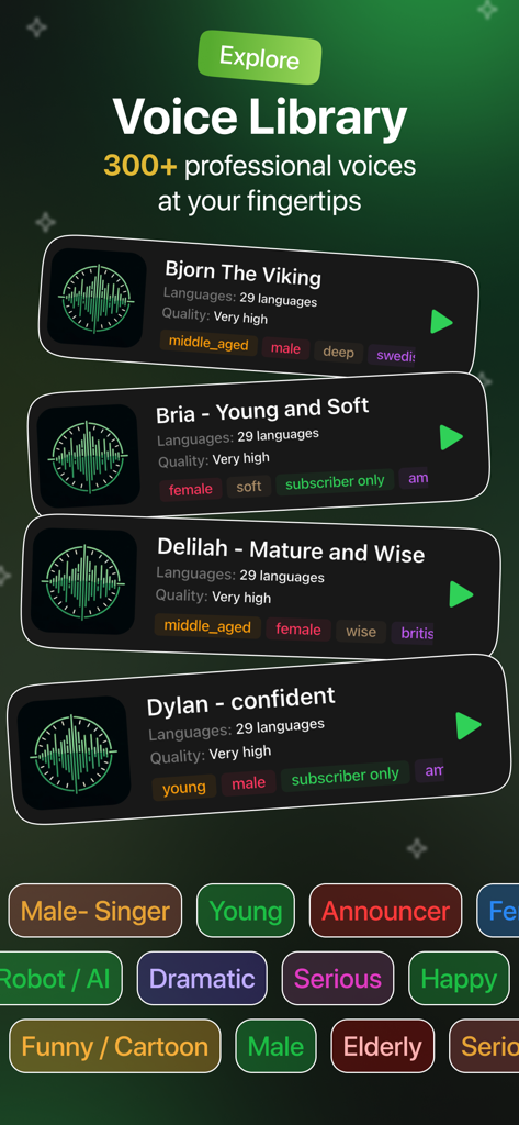AI Voice Changer - TTS - Interface of the AI Voice Changer app showing a voice library with over 300 professional voices and category filters