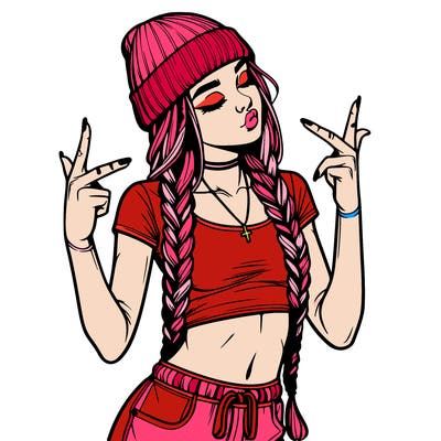 realistic teenage girl with braids and a beanie and crop top doing 🫶🏼