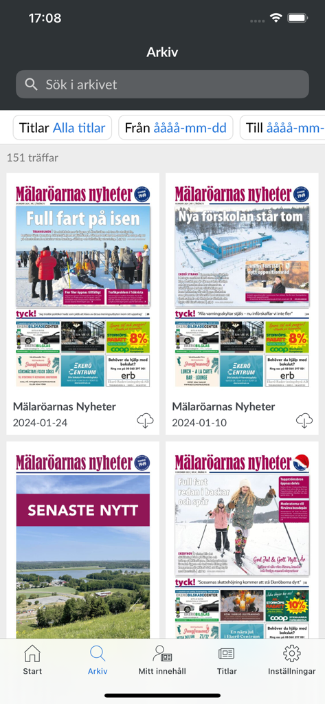 Mälaröarnas nyheter - Schermata d'archivio dell'app Mälaroarnas nyheter che mostra le edizioni dei giornali digitali