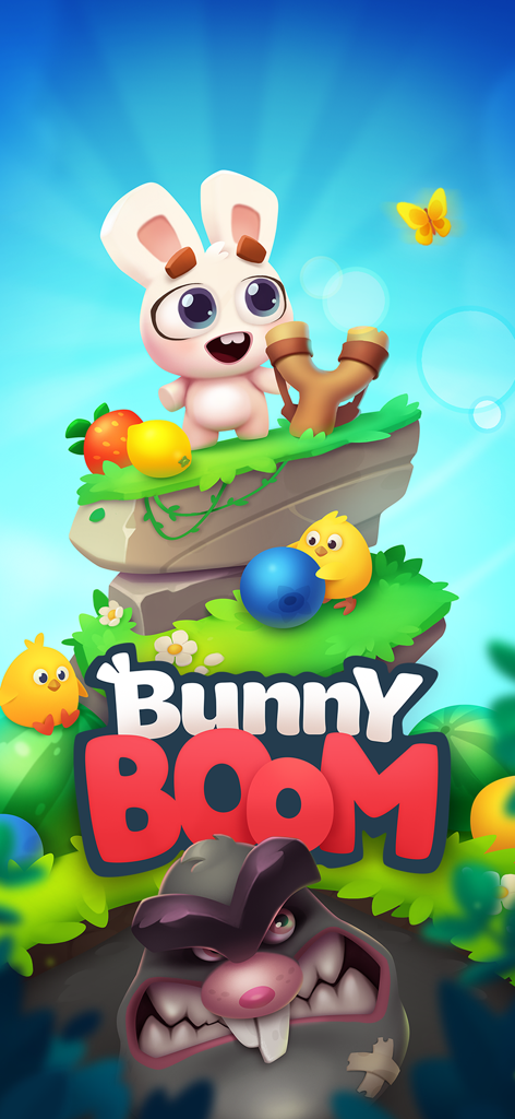 Bunny Boom - Bunny Boom game splash screen featuring a cute rabbit hero and a mole villain
