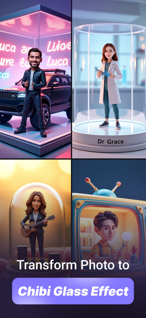 A collage showing four 3D miniature characters in stylized glass capsules and dioramas created with AI.