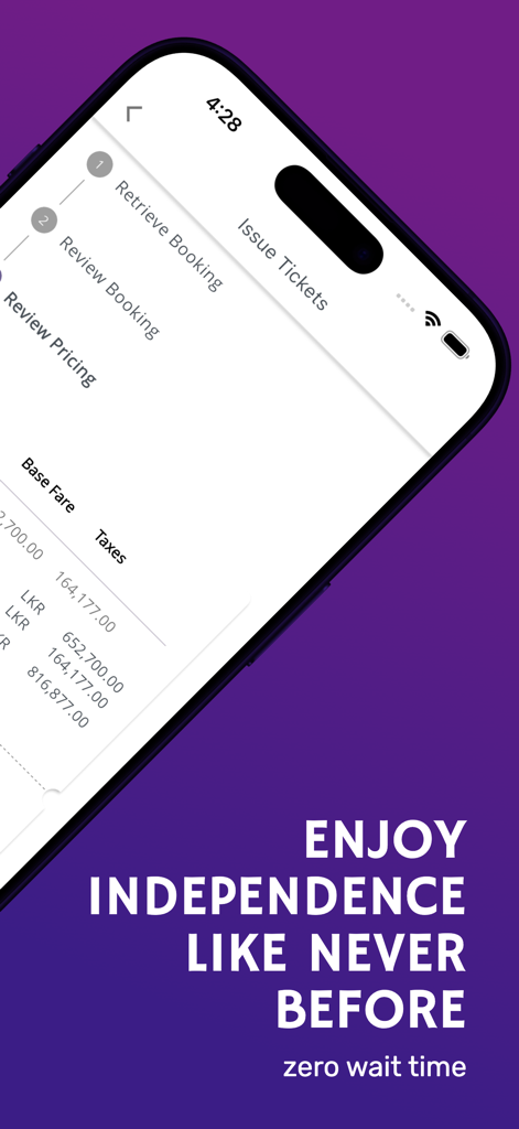 Ticket Gadget - Interface of Ticket Gadget app showing the step-by-step process for travel agents to review pricing and issue flight tickets