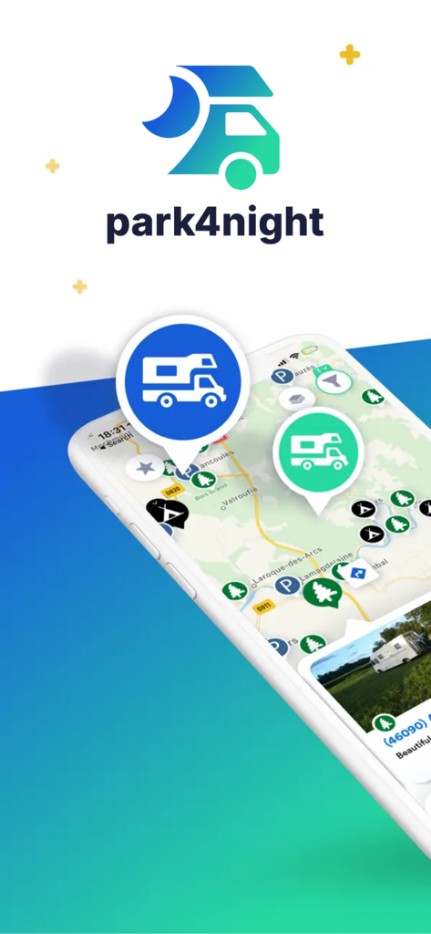 park4night mobile app interface showing camping spots on an interactive map